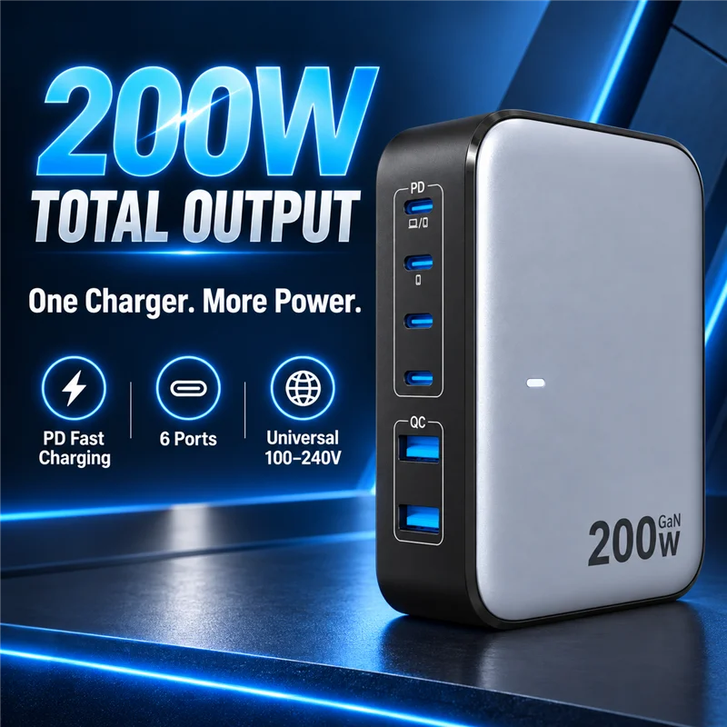 【US Plug】200W GaN Charger Desktop Laptop Fast Charger For iPhone 18 17 16 Pro Max Macbook Air Pro iPad Samsung