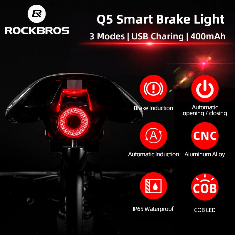 ROCKBROS Bike Light LED Bicycle IPx6 Waterproof USB Charging Taillight Cycling Q5 Flashlight Auto Brake Sensing Smart Rear Light