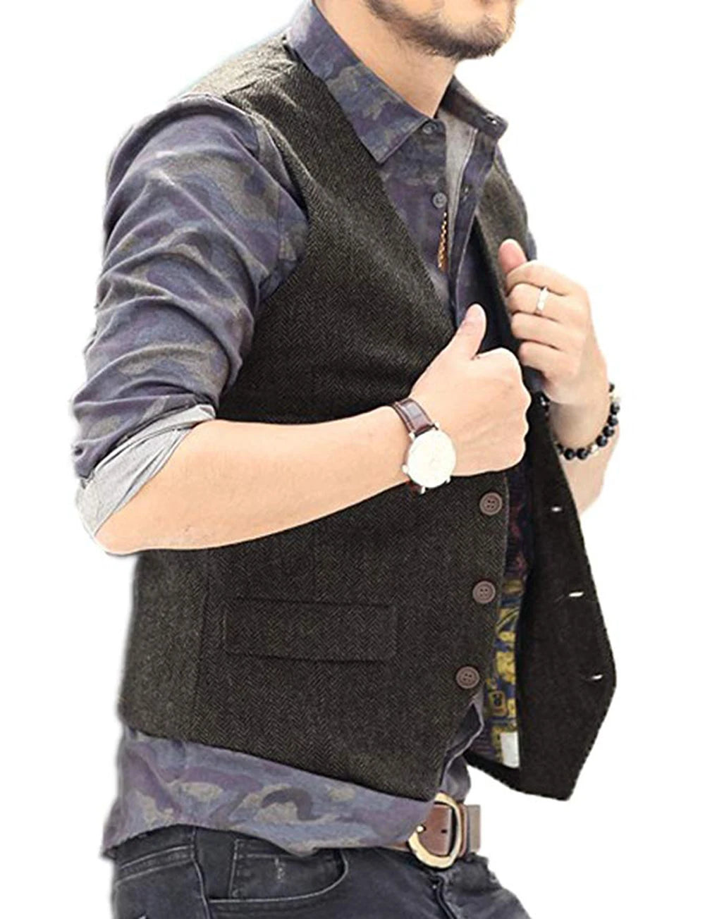 SOLOVEDRESS Men's Herringbone Tweed Vest for Business and Formal Wear