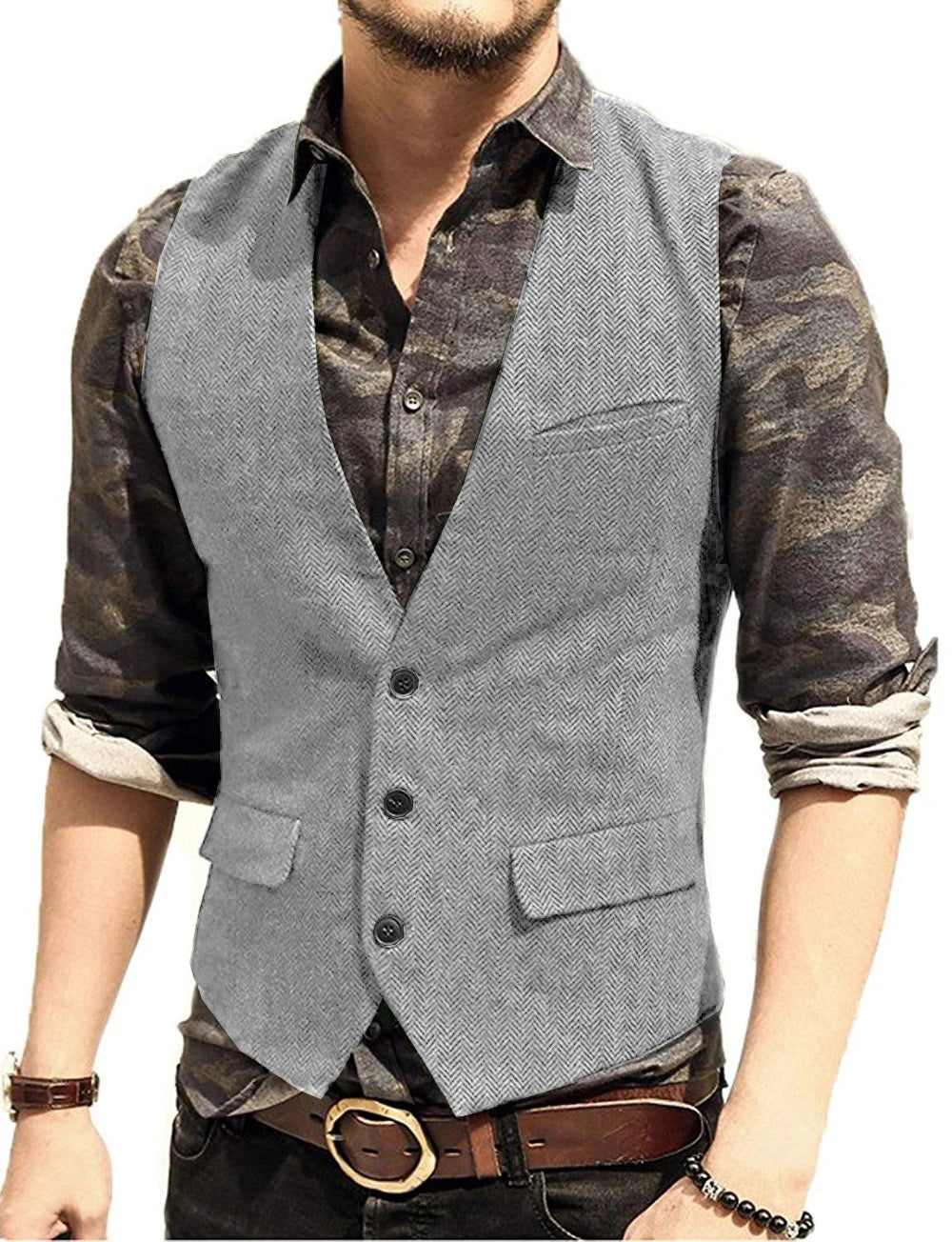 SOLOVEDRESS Men's Herringbone Tweed Vest for Business and Formal Wear