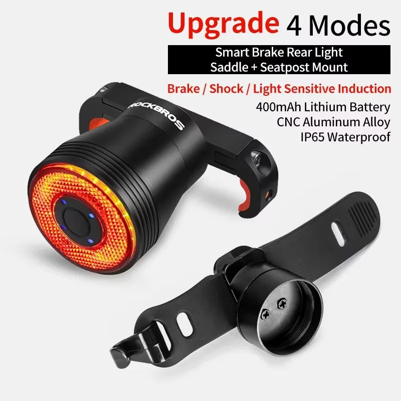 ROCKBROS Bike Light LED Bicycle IPx6 Waterproof USB Charging Taillight Cycling Q5 Flashlight Auto Brake Sensing Smart Rear Light