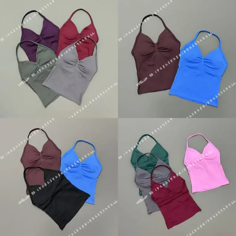 Seamless Halter Neck Workout Tank With Built In Shelf Bra