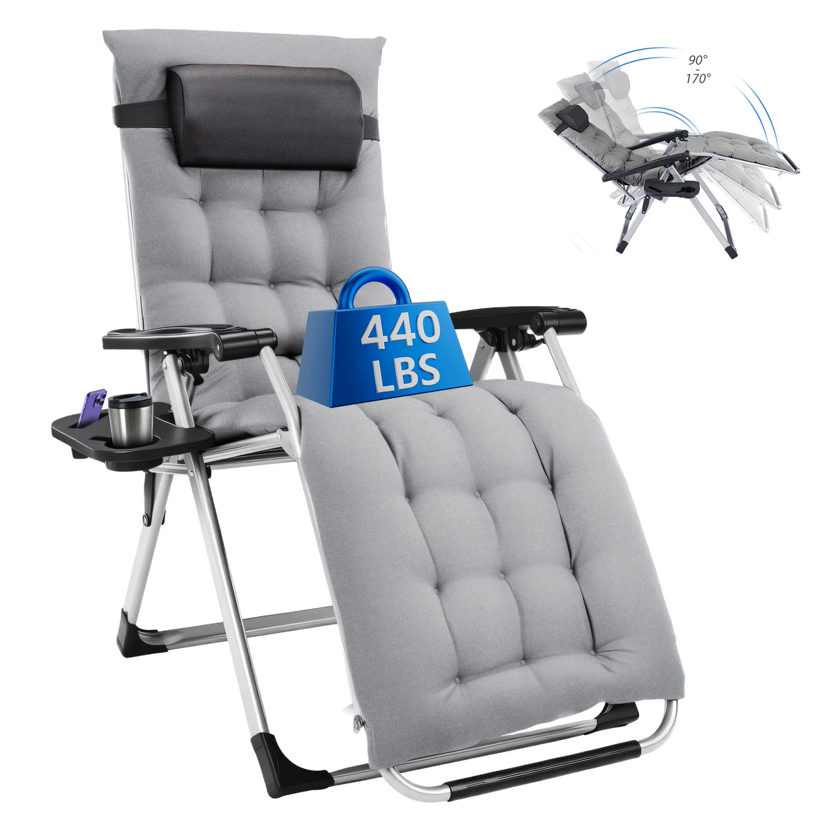 MCQ Zero Gravity Cushioned Folding Lounge Chair With Cup Holder