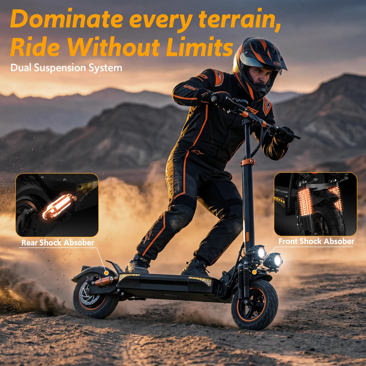 Off Road Electric Scooter, 1200W Motor, 25 Miles Range, 31 MPH, 11" All Terrain Tire, E-Scooter for Adults with Double Suspension & Side Light Disc Brakes