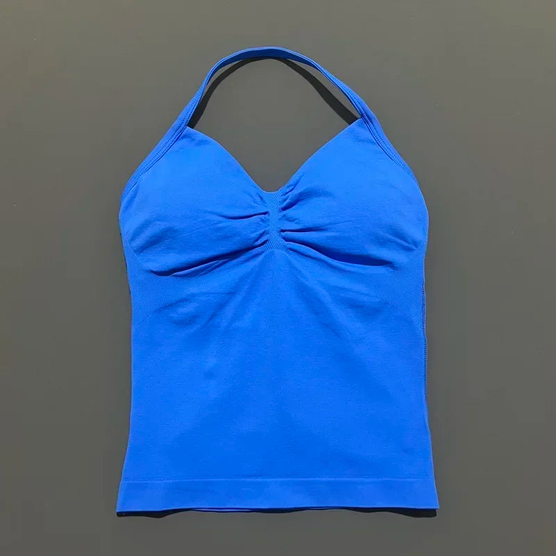 Seamless Halter Neck Workout Tank With Built In Shelf Bra