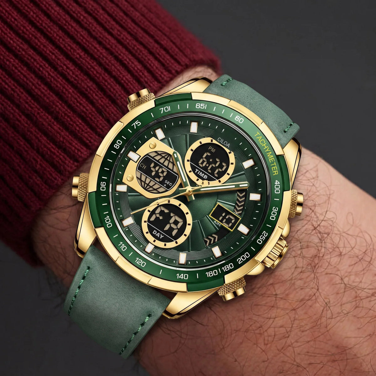 Men Dual Display Digital Analog Watch Green Suede Leather Strap Tachymeter Bezel Waterproof Military Outdoor Multifunctional Sports Quartz Wristwatch for Men