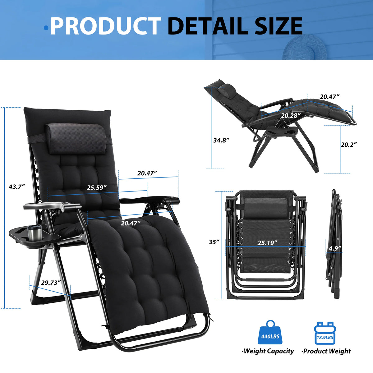 MCQ Zero Gravity Cushioned Folding Lounge Chair With Cup Holder
