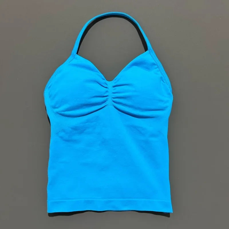 Seamless Halter Neck Workout Tank With Built In Shelf Bra