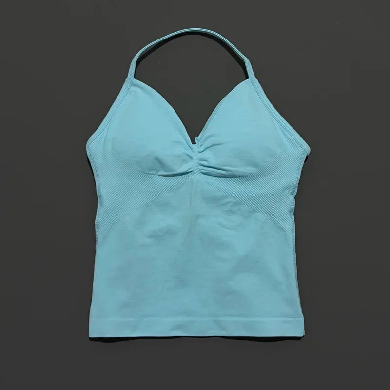 Seamless Halter Neck Workout Tank With Built In Shelf Bra