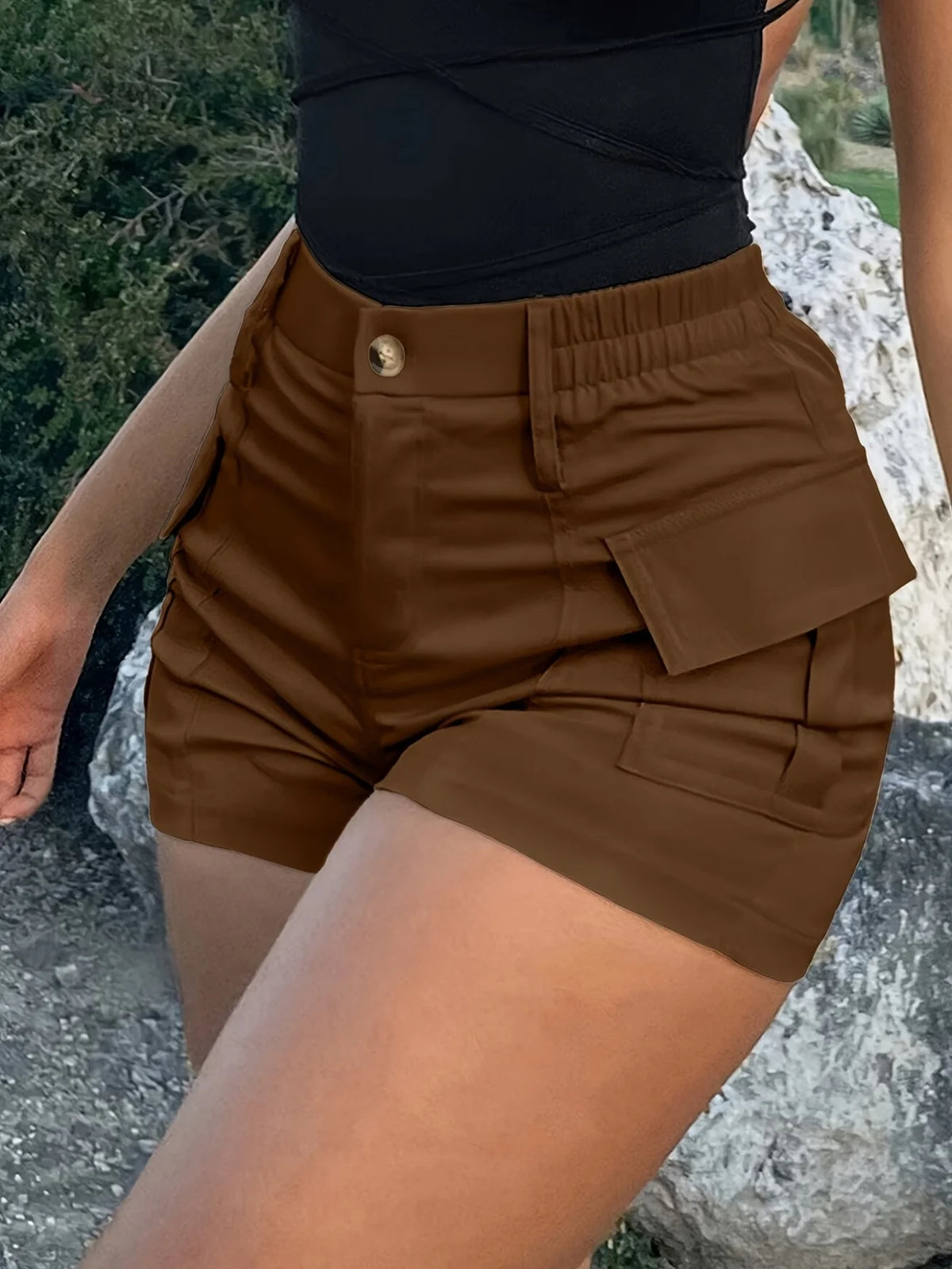 Women's High Waist Cargo Shorts With Button Fly Multiple Pockets