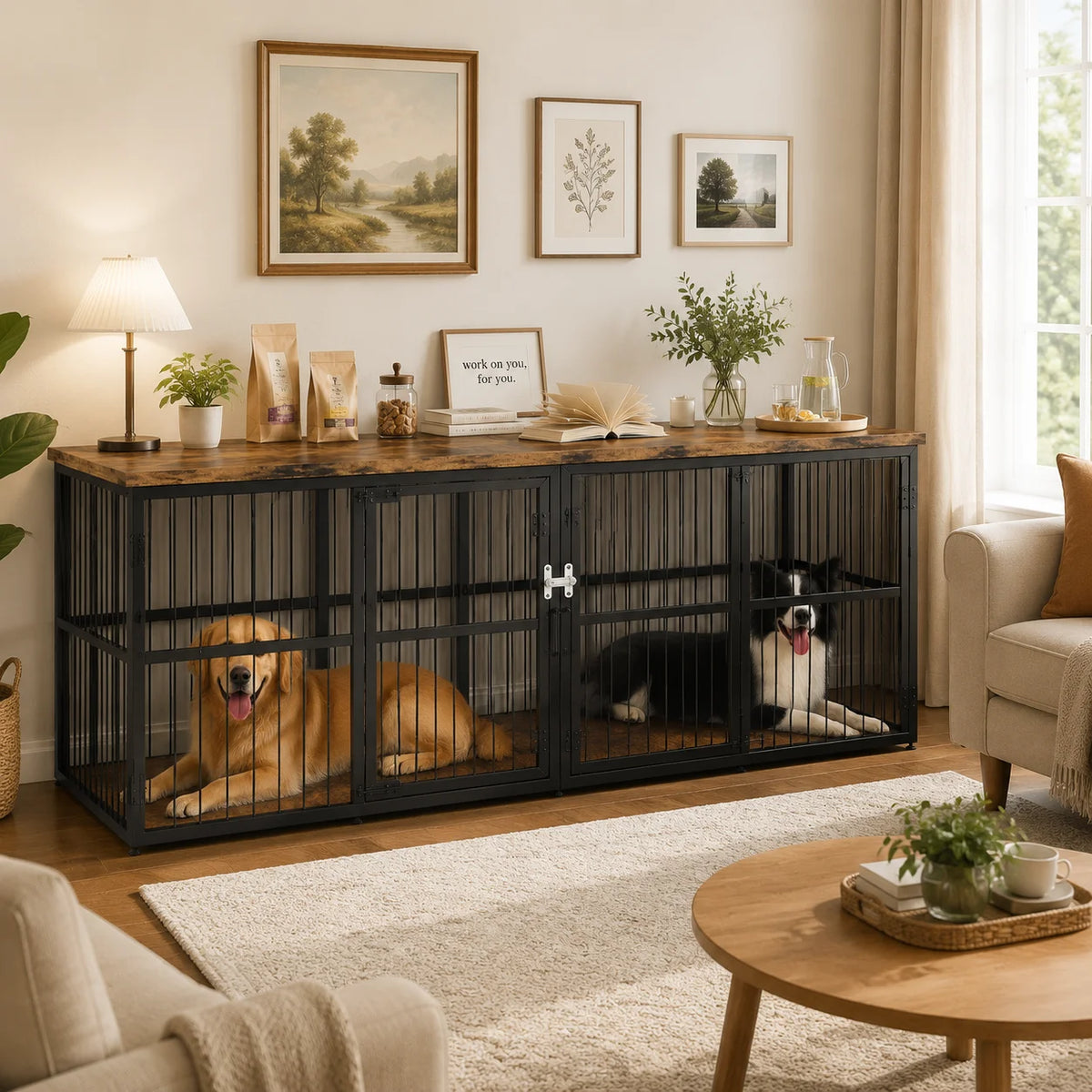 Double Dog Crate Furniture With Divider And Storage Cabinet