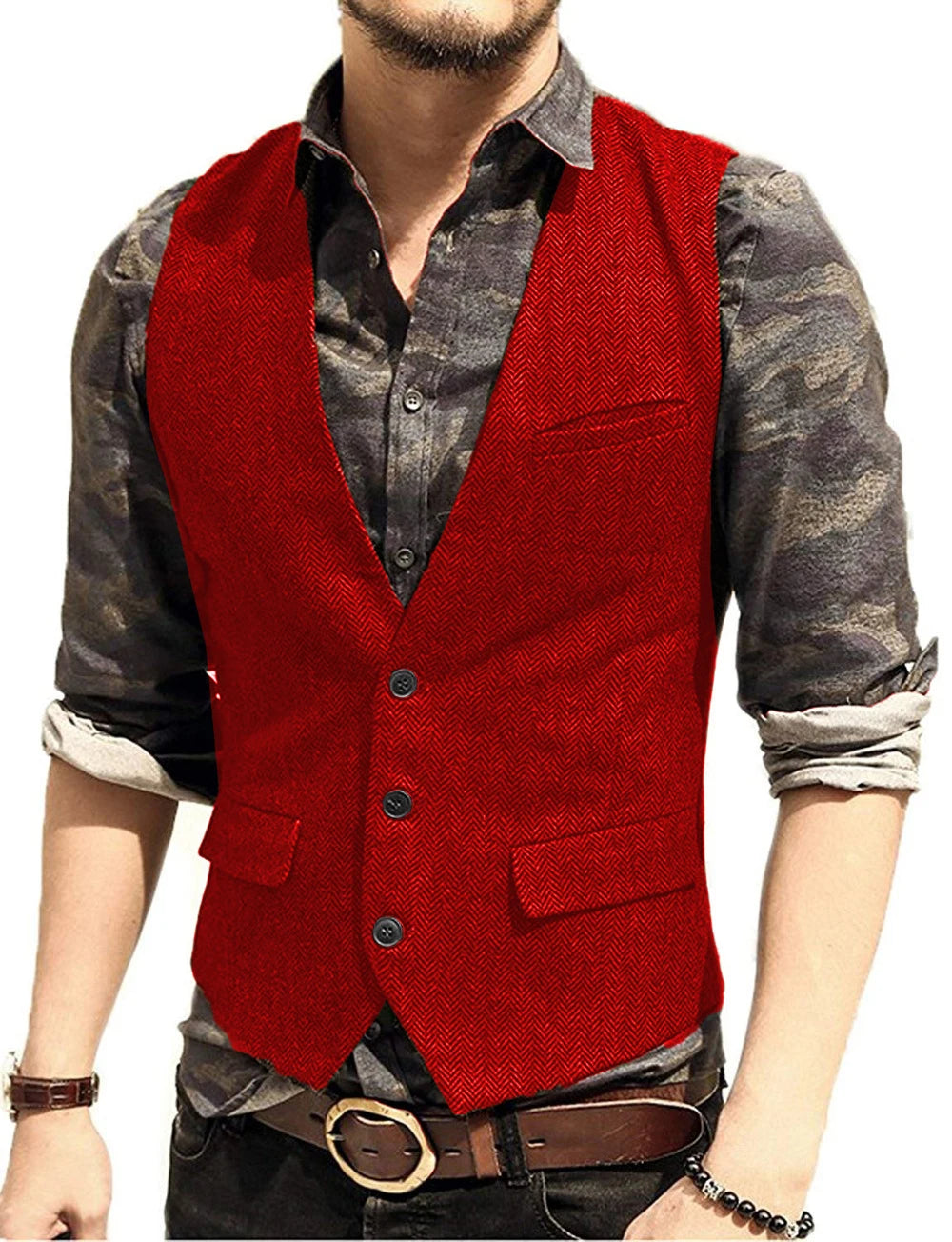 SOLOVEDRESS Men's Herringbone Tweed Vest for Business and Formal Wear