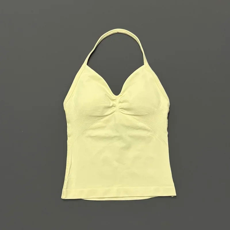 Seamless Halter Neck Workout Tank With Built In Shelf Bra