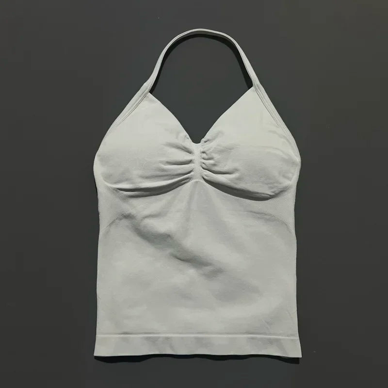 Seamless Halter Neck Workout Tank With Built In Shelf Bra