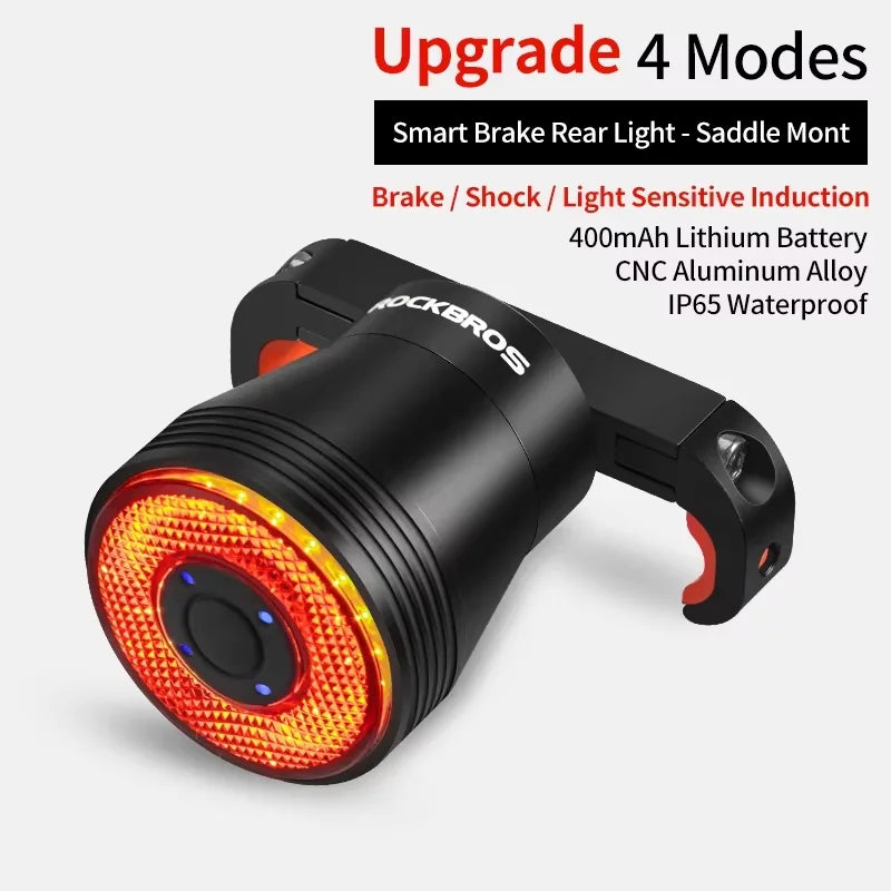ROCKBROS Bike Light LED Bicycle IPx6 Waterproof USB Charging Taillight Cycling Q5 Flashlight Auto Brake Sensing Smart Rear Light