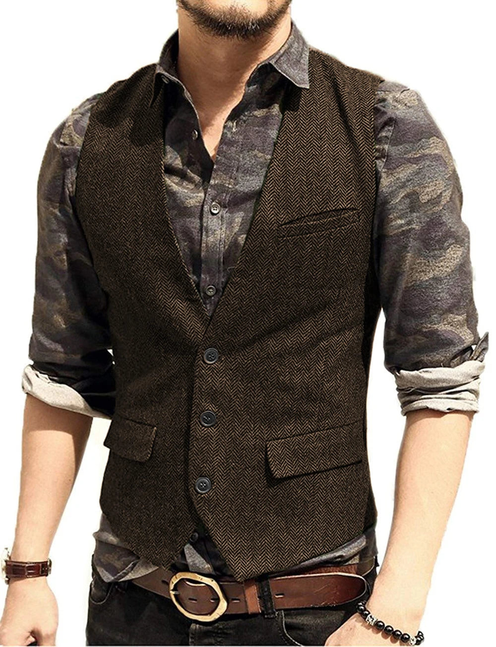 SOLOVEDRESS Men's Herringbone Tweed Vest for Business and Formal Wear