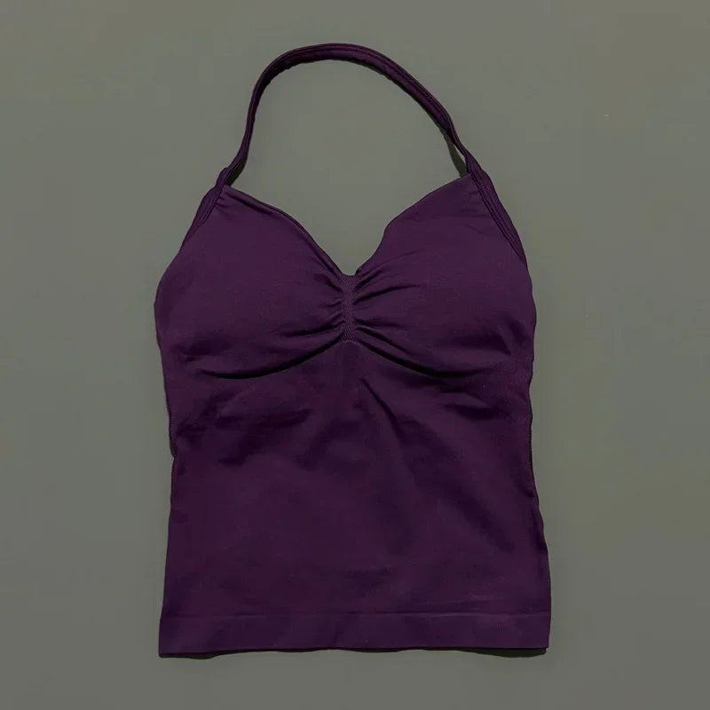 Seamless Halter Neck Workout Tank With Built In Shelf Bra