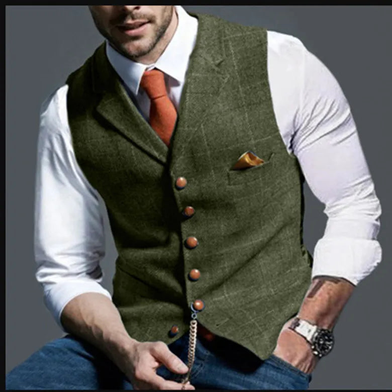 Multi Colors Men's Tweed Plaid Waistcoat Slim Fit Notch Lapel Suit Vest Casual Formal Hybrid Gilet with Pocket Chain Detail