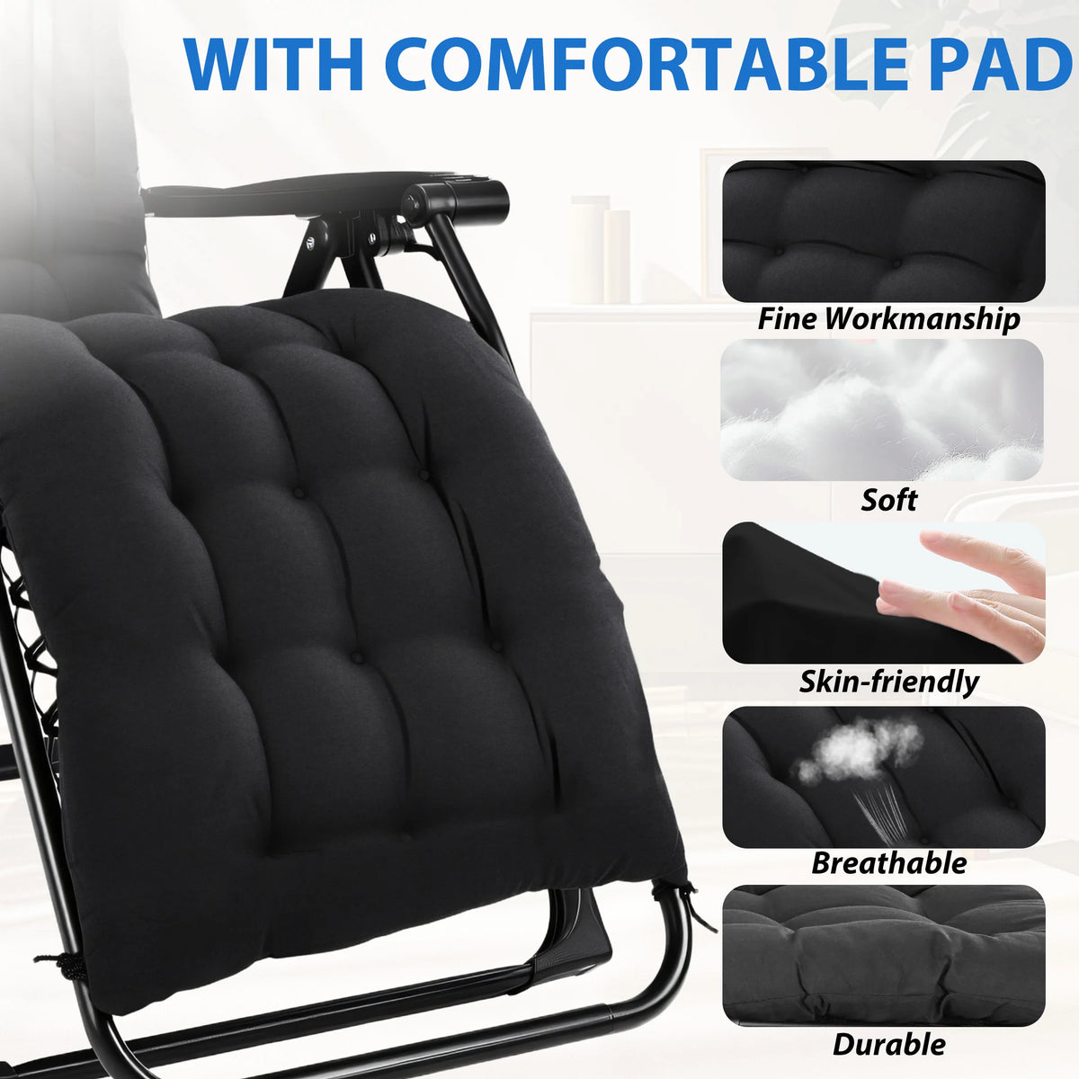 MCQ Zero Gravity Cushioned Folding Lounge Chair With Cup Holder