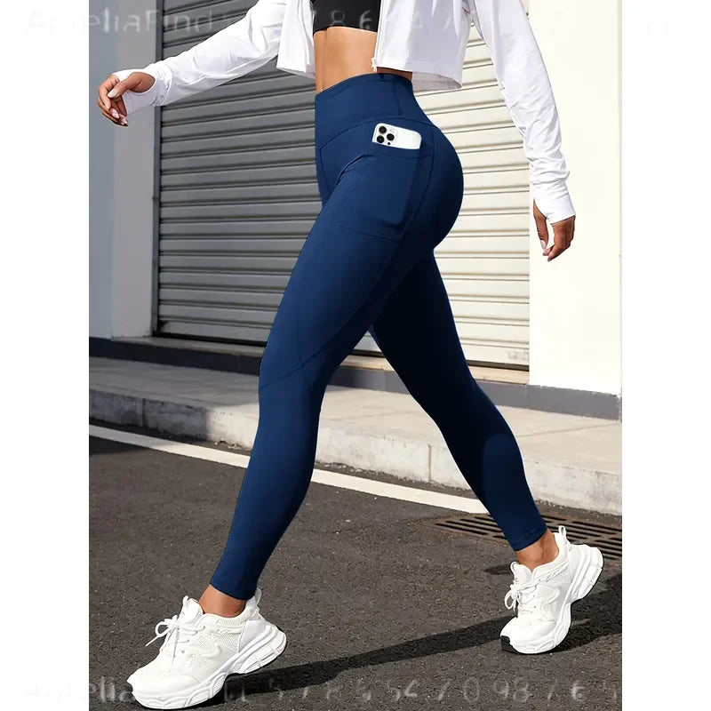 Women Solid High Waist Yoga Leggings With Side Pockets Buttery Soft Naked Feel Stretch Workout Pants For Gym Running Fitness Daily Casual Wear