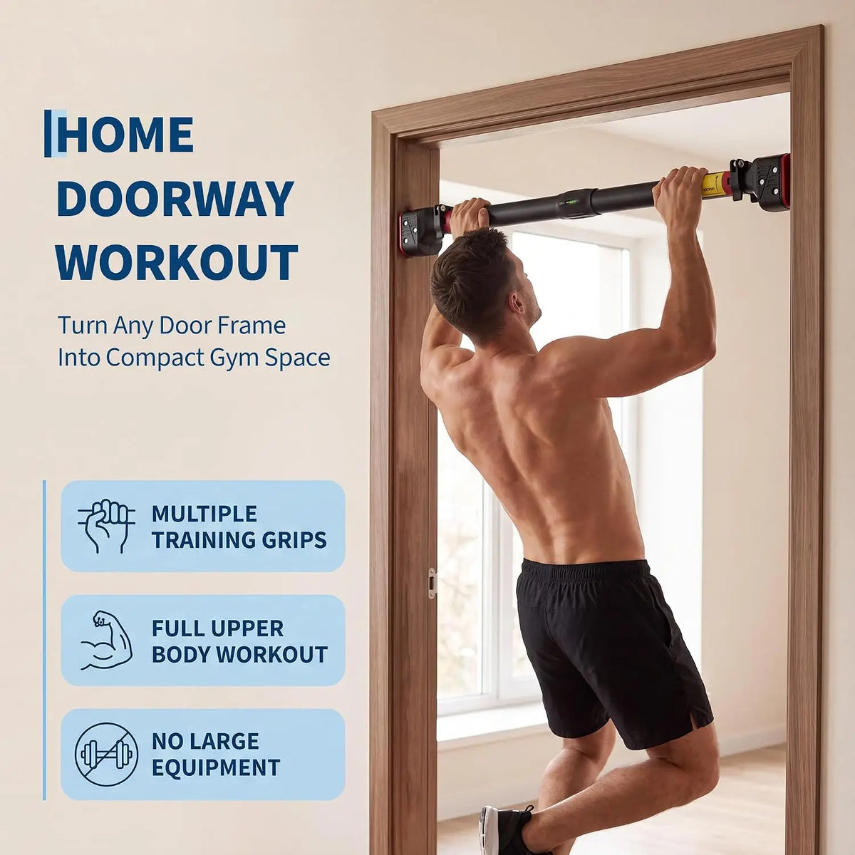 Heavy Duty Doorway Pull Up Bar Adjustable Width No-Screw Installation, Locking Mechanism Level Meter Anti-Slip 440lbs Capacity – Home Gym Strength Trainer