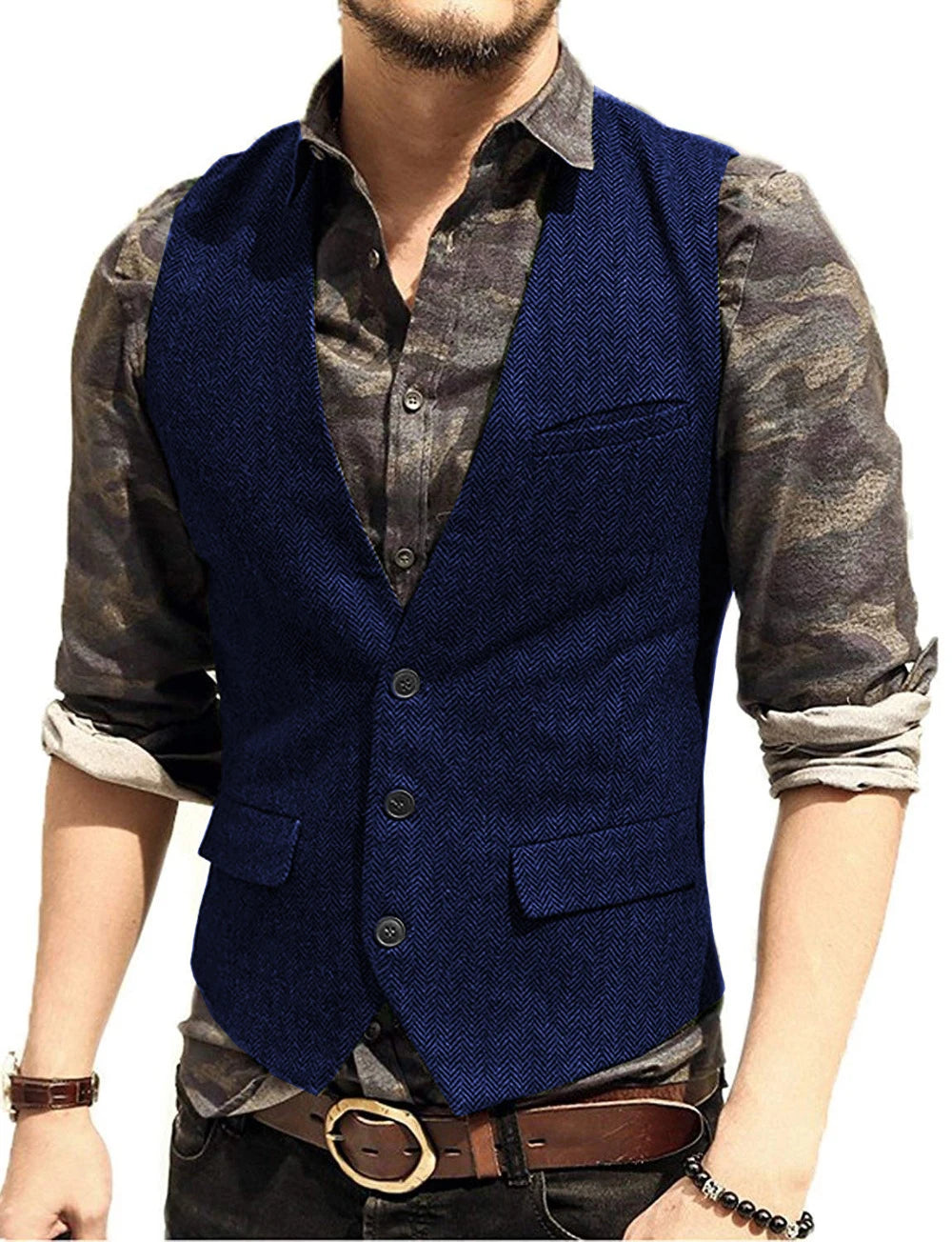 SOLOVEDRESS Men's Herringbone Tweed Vest for Business and Formal Wear