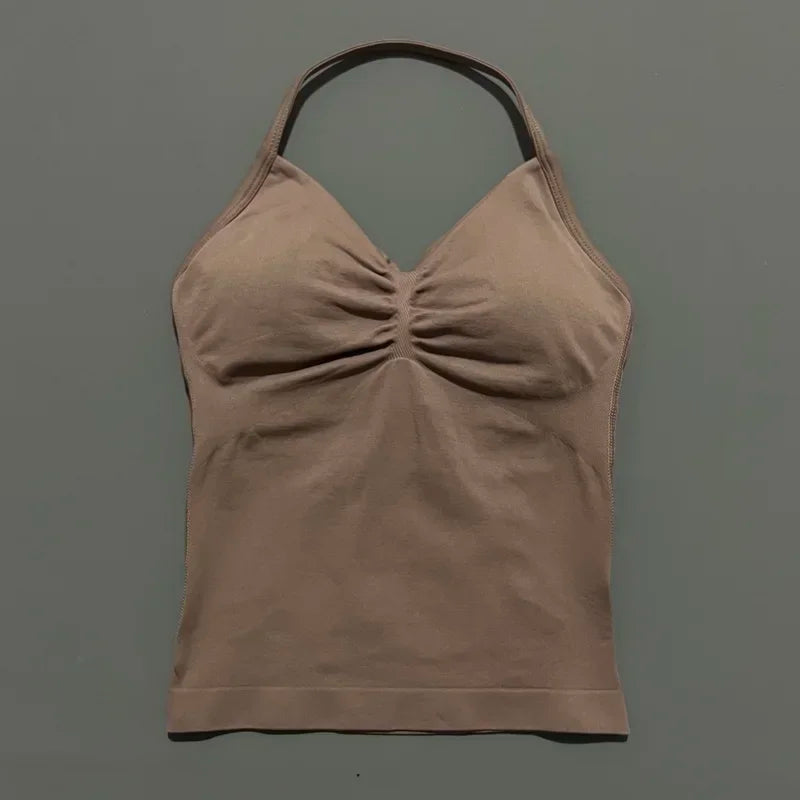 Seamless Halter Neck Workout Tank With Built In Shelf Bra