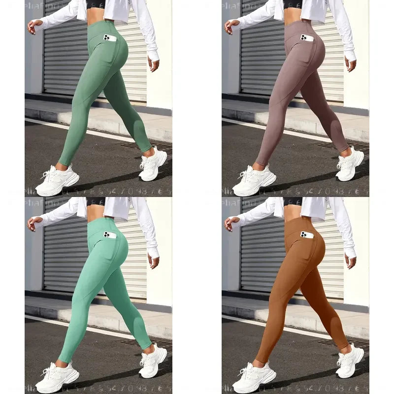 Women Solid High Waist Yoga Leggings With Side Pockets Buttery Soft Naked Feel Stretch Workout Pants For Gym Running Fitness Daily Casual Wear