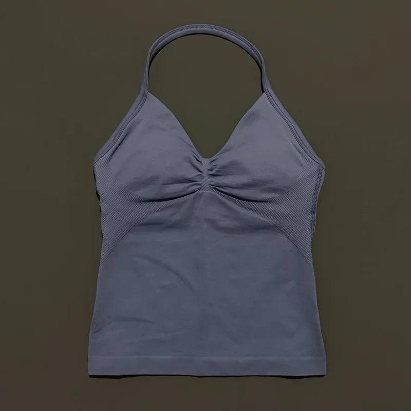 Seamless Halter Neck Workout Tank With Built In Shelf Bra