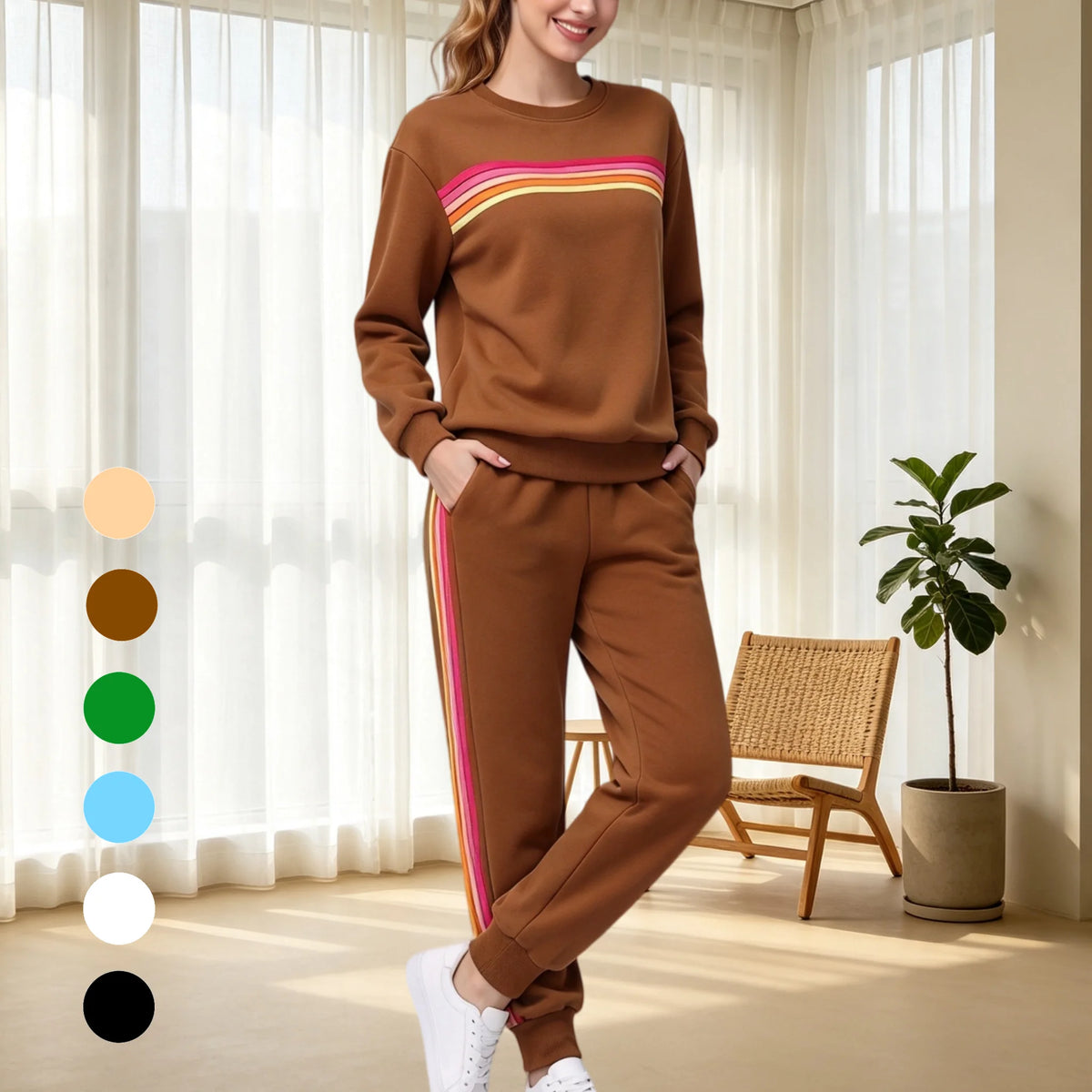 Women's Retro Rainbow Striped Pullover and Jogger Pants Set