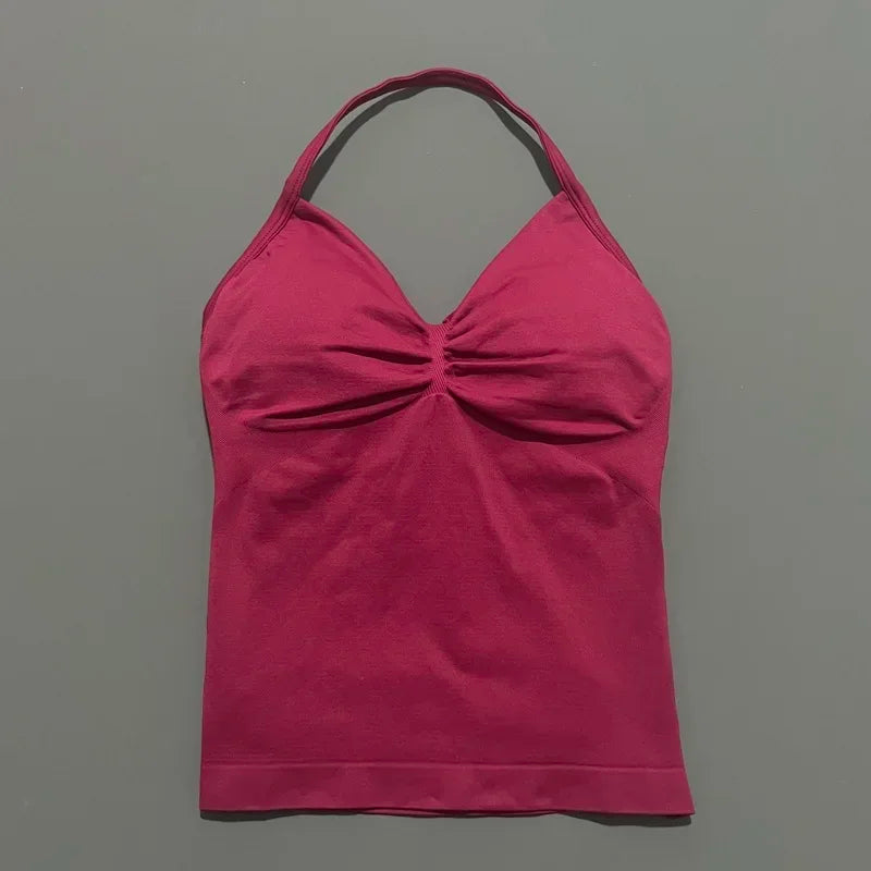 Seamless Halter Neck Workout Tank With Built In Shelf Bra