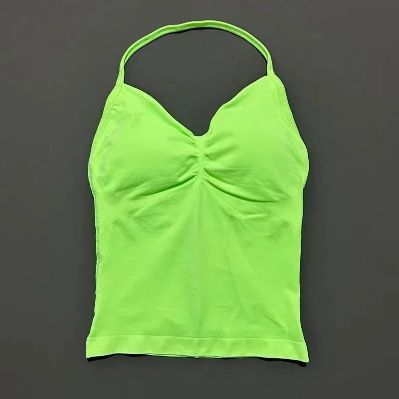 Seamless Halter Neck Workout Tank With Built In Shelf Bra