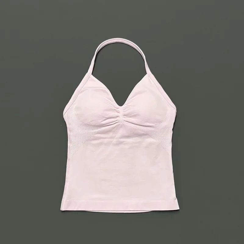 Seamless Halter Neck Workout Tank With Built In Shelf Bra