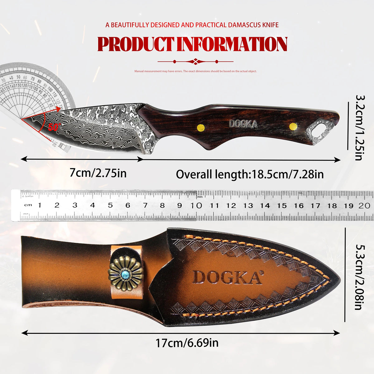 Handmade Damascus Hunting Knife, Full Tang Fixed Blade Camping Knife with Leather Sheath