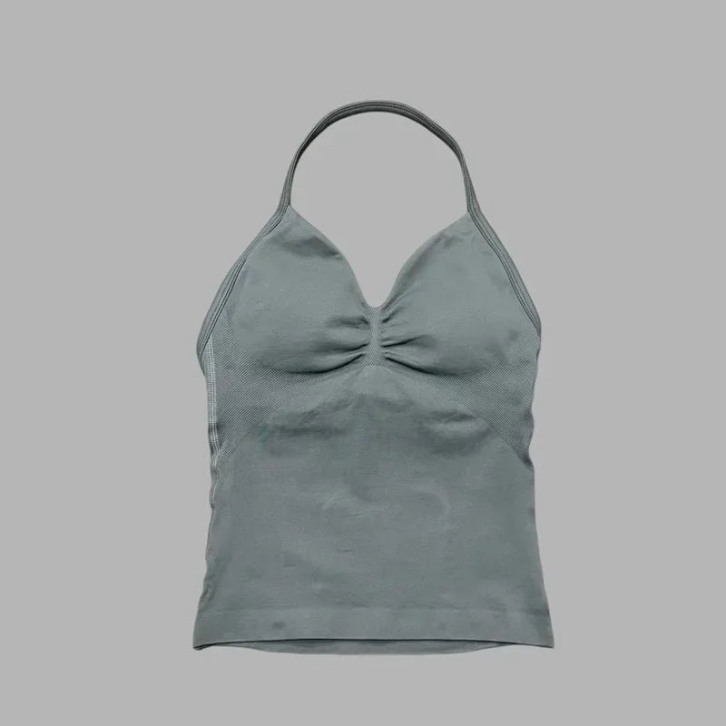 Seamless Halter Neck Workout Tank With Built In Shelf Bra