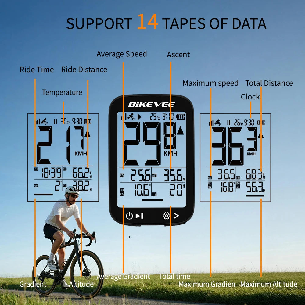 Bikevee USB Rechargeable GPS Bicycle Riding Speedometer Wireless Odometer Bike Computer with Green Auto Backlight LCD Display Waterproof Multi-Functions Bicycle Accurate Speed Tracking Outdoor Cycling Accessories