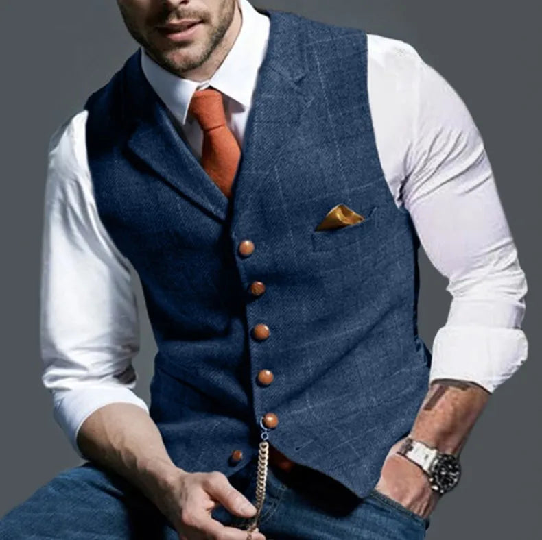 Multi Colors Men's Tweed Plaid Waistcoat Slim Fit Notch Lapel Suit Vest Casual Formal Hybrid Gilet with Pocket Chain Detail