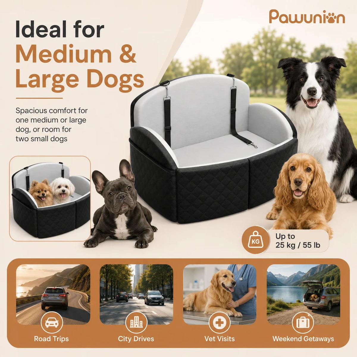 Memory Foam Dog Car Seat With Washable Cover And Leashes