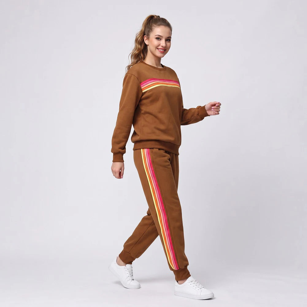Women's Retro Rainbow Striped Pullover and Jogger Pants Set