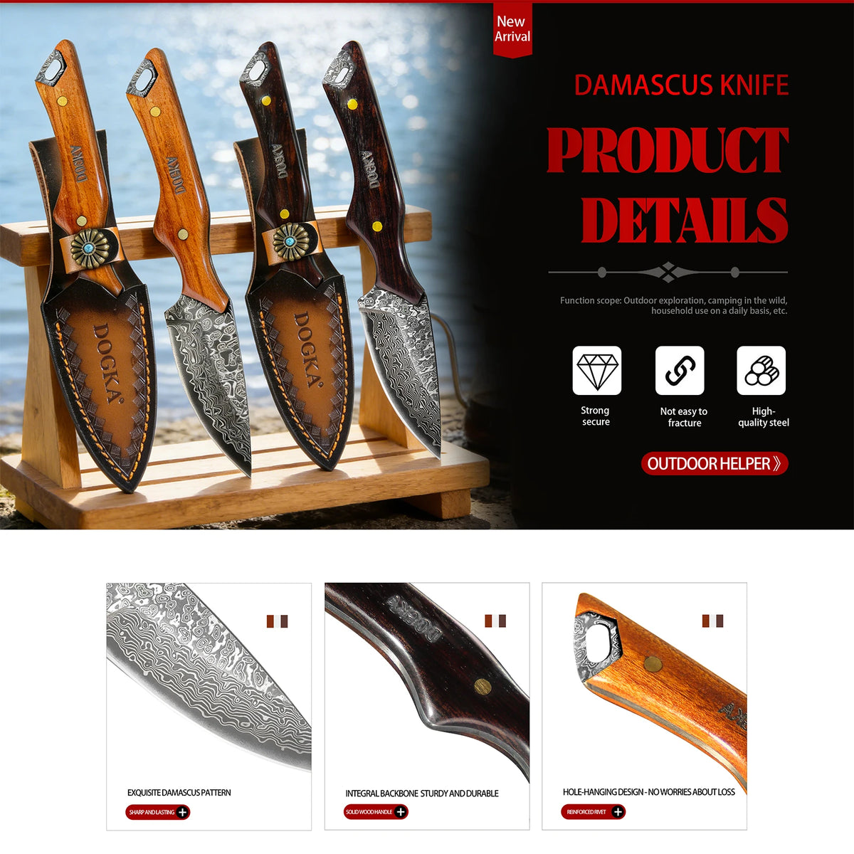 Handmade Damascus Hunting Knife, Full Tang Fixed Blade Camping Knife with Leather Sheath