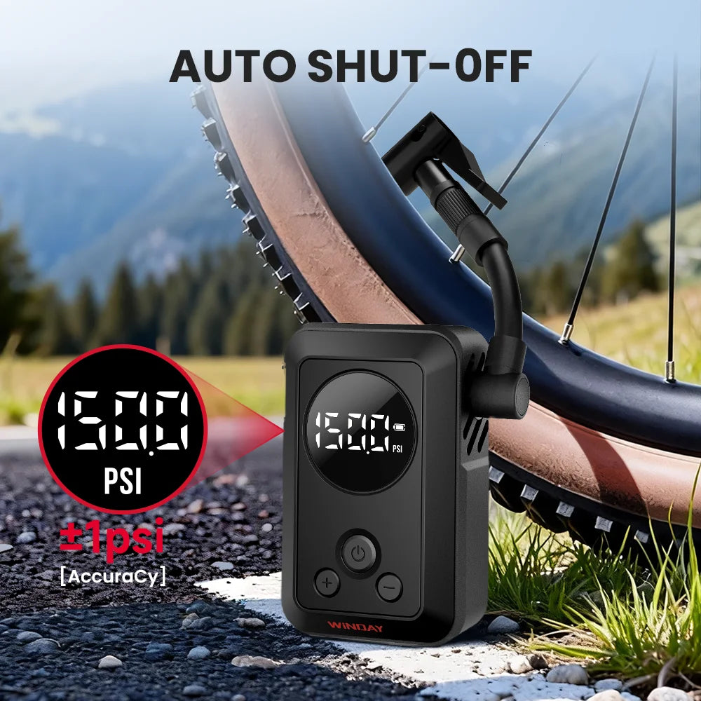 Portable Electric Bike Tire Inflator – P1 150PSI High-Pressure Air Pump for Mountain & Road Bikes, USB-C Rechargeable, 2400mAh Battery, Auto Shutoff, Compact Bicycle Tire Pump with PSI/BAR/KPA for MTB, Commuter, Mini SUV &