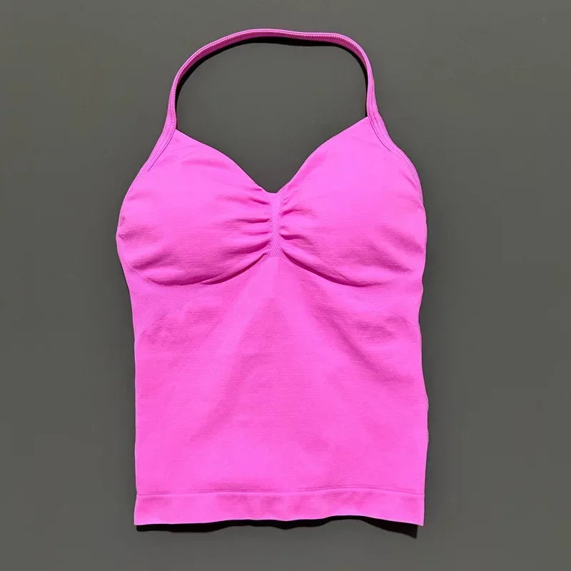Seamless Halter Neck Workout Tank With Built In Shelf Bra