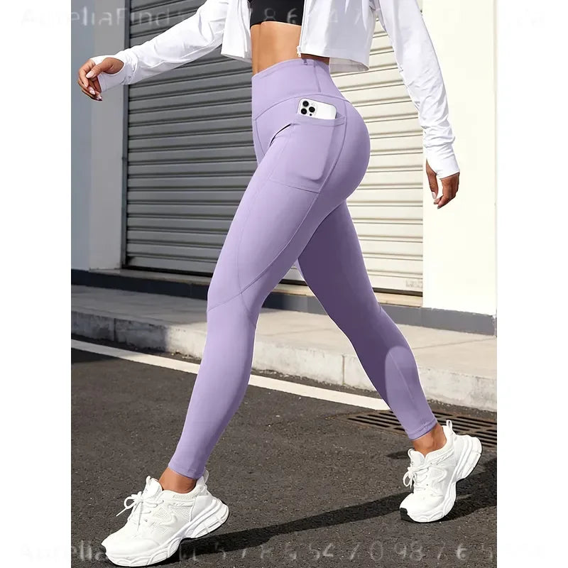 Women Solid High Waist Yoga Leggings With Side Pockets Buttery Soft Naked Feel Stretch Workout Pants For Gym Running Fitness Daily Casual Wear