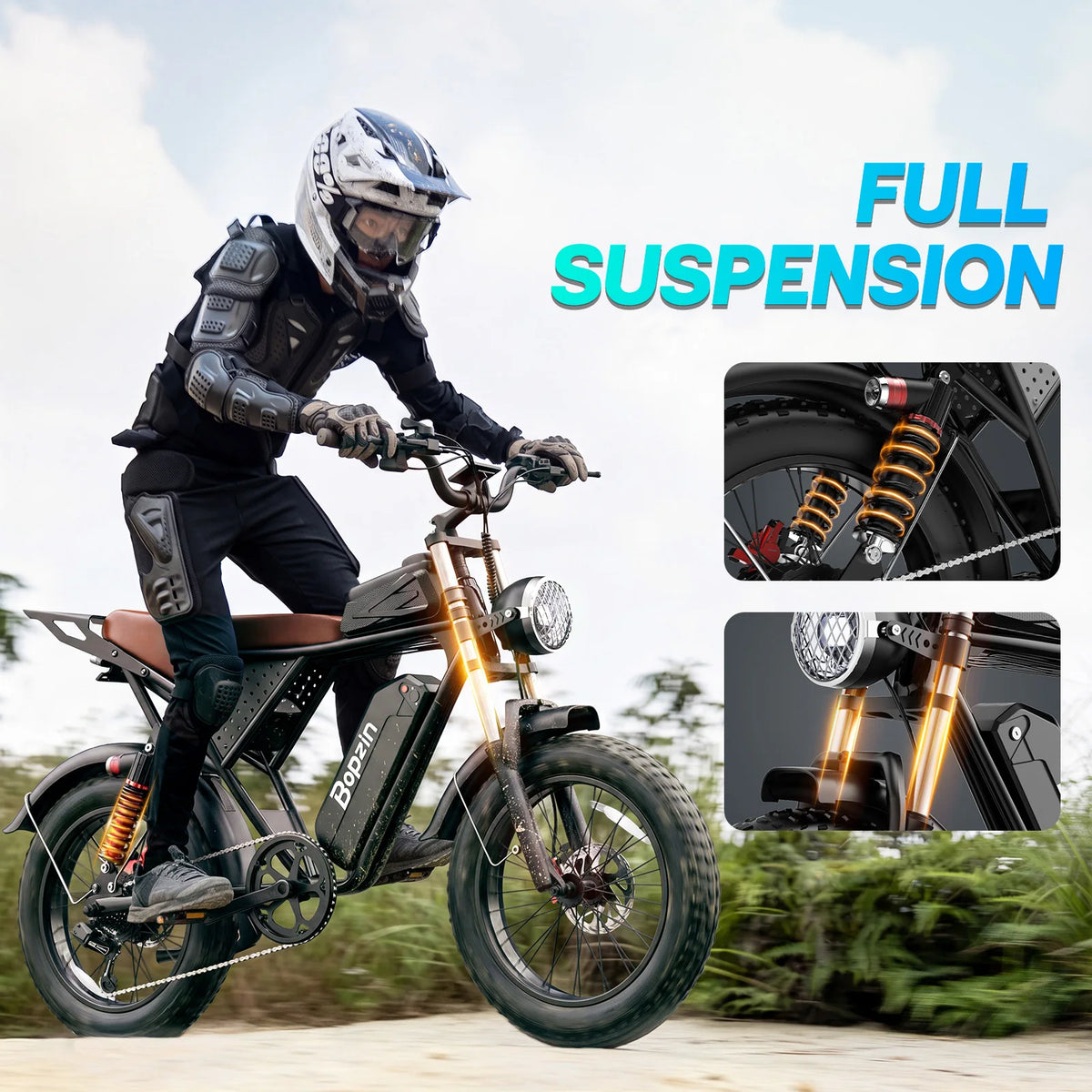 Bopzin C22-Z-25 Electric Bike 1500W 48V 25Ah Fat Tire Ebike for Adults 35MPH Full Suspension Off-Road 20" Dirt Motorcycle E-Bike
