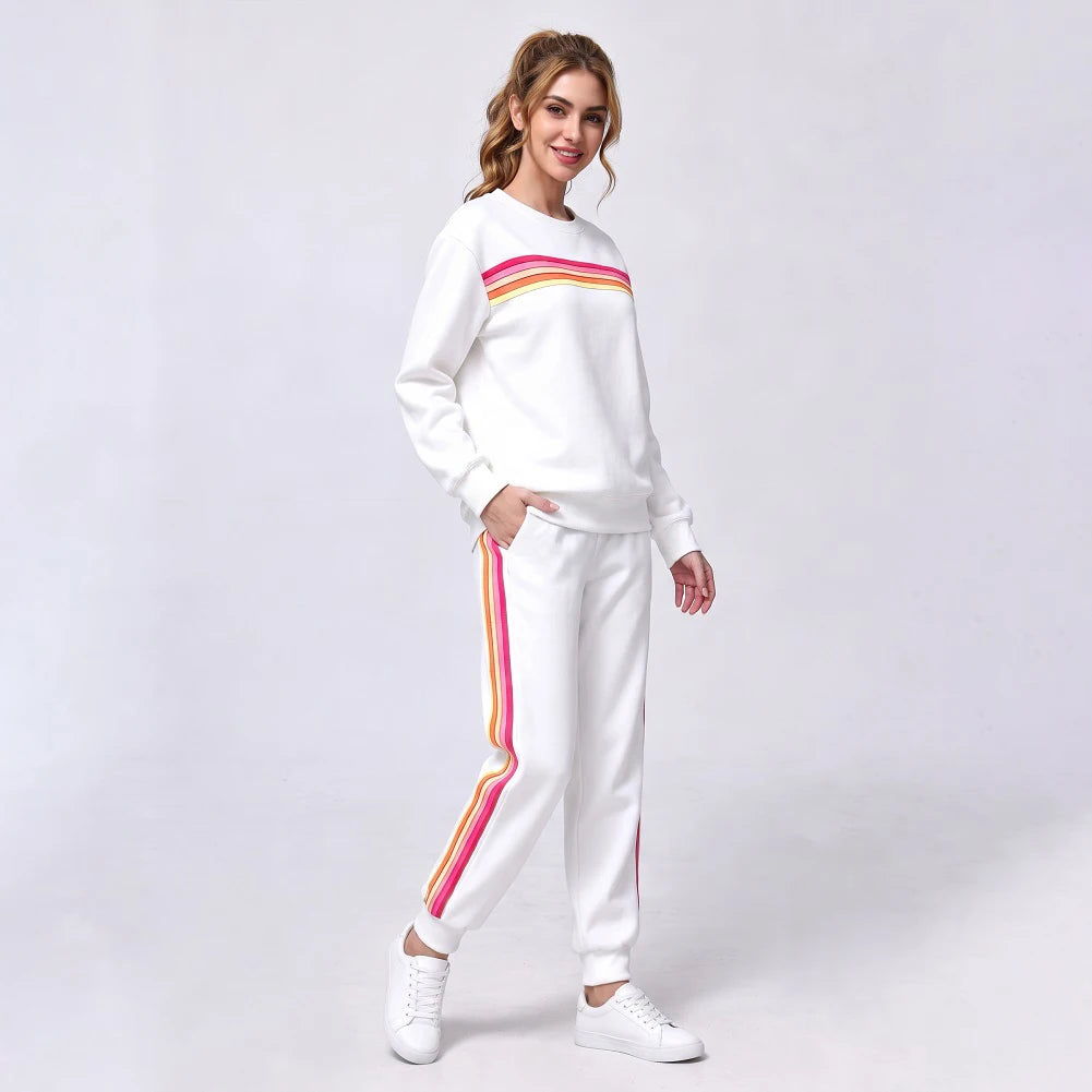 Women's Retro Rainbow Striped Pullover and Jogger Pants Set