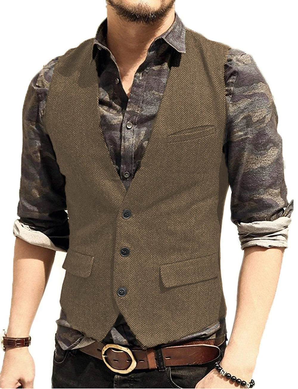 SOLOVEDRESS Men's Herringbone Tweed Vest for Business and Formal Wear