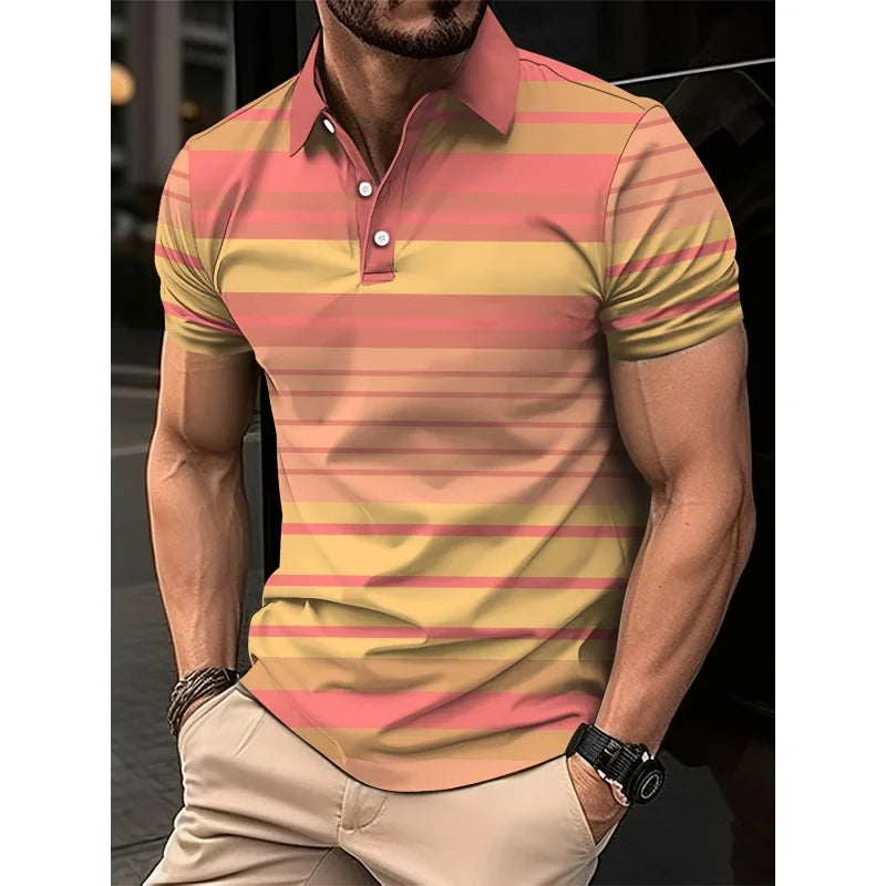 Mens Color Block Striped Polo Shirt Short Sleeve Knit Top