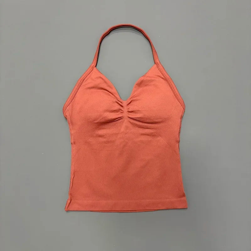 Seamless Halter Neck Workout Tank With Built In Shelf Bra