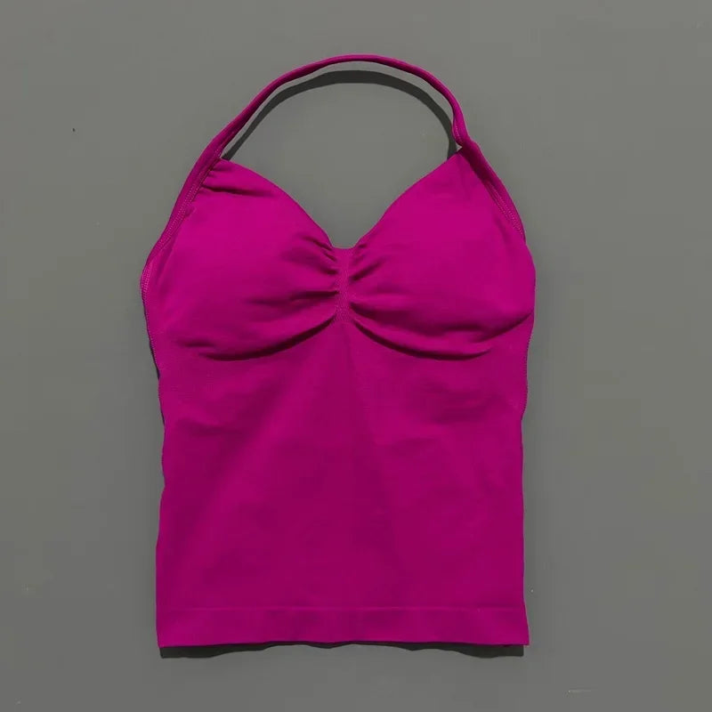 Seamless Halter Neck Workout Tank With Built In Shelf Bra