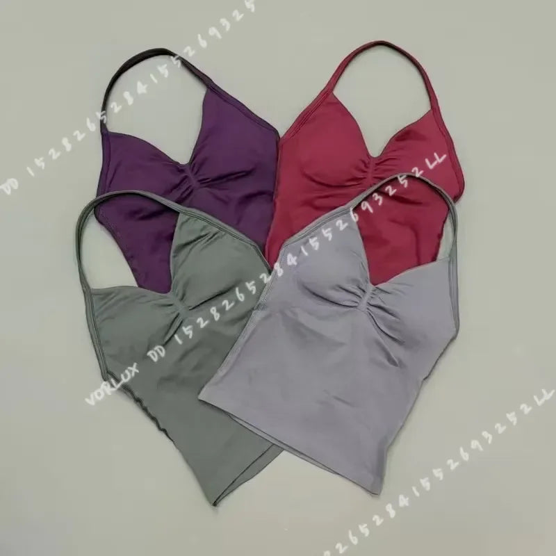 Seamless Halter Neck Workout Tank With Built In Shelf Bra